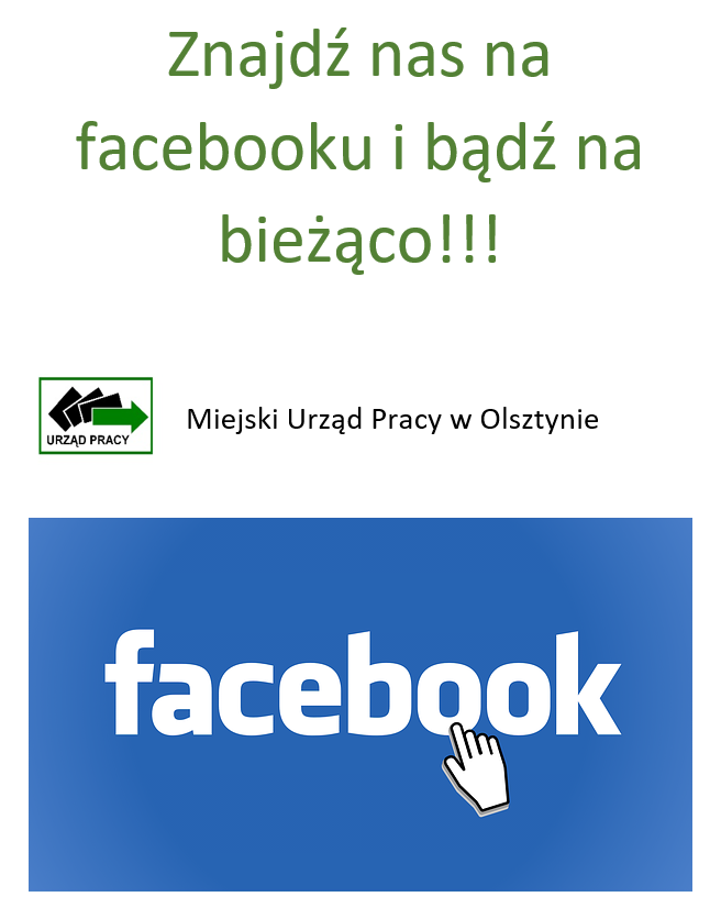Informacja Znajdź nas na Facebook Miejskiego Urzędu Pracy w Olsztynie, odnośnik